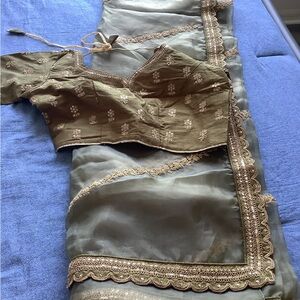 Olive Green Embroidered Saree Blouse Set/indian